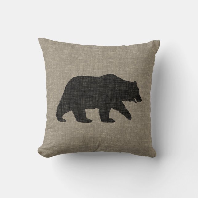 Grizzly Bear Silhouette Faux Linen Burlap Style Cushion (Front)