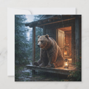 Grizzly Bear Sitting on Porch of Cosy Cabin Holiday Card