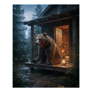 Grizzly Bear Sitting on Porch of Cosy Cabin Poster