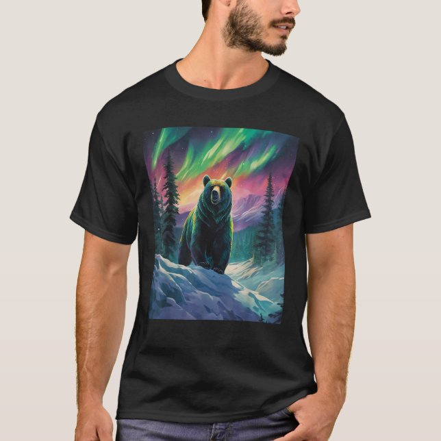 Grizzly Bear Under the Northern Lights Wild Nature T-Shirt (Front)