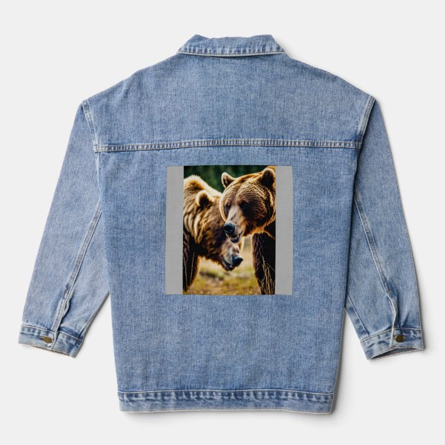 Grizzly Bear vs Bull Showdown – Realistic High-Det Denim Jacket (Back)