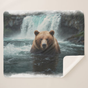 Grizzly Bear & Waterfall Wildlife Design Sherpa Blanket