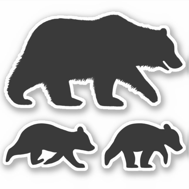 Grizzly Bear with Cubs Silhouettes Vinyl Stickers (Front)