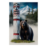 Grizzly Bear with Totem Pole Wildlife Art