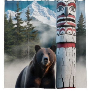 Grizzly Bear with Totem Pole Wildlife Art Shower Curtain