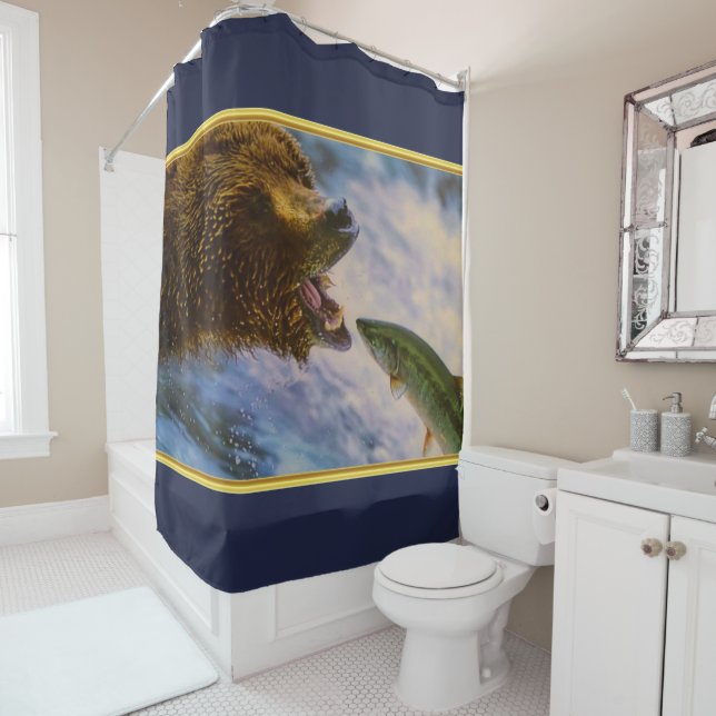 Grizzly bears catching Steelhead salmon in mouth Shower Curtain (In Situ)