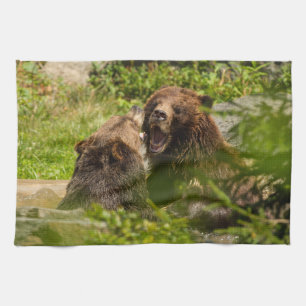Grizzly Bears Play Fighting Tea Towel