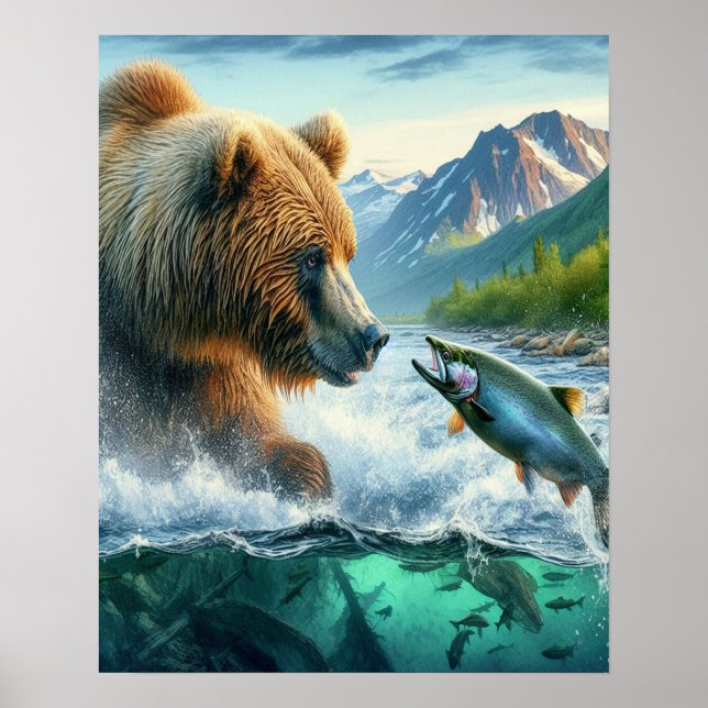 Grizzly Bears with steelhead trout salmon  16x20 Poster (Front)