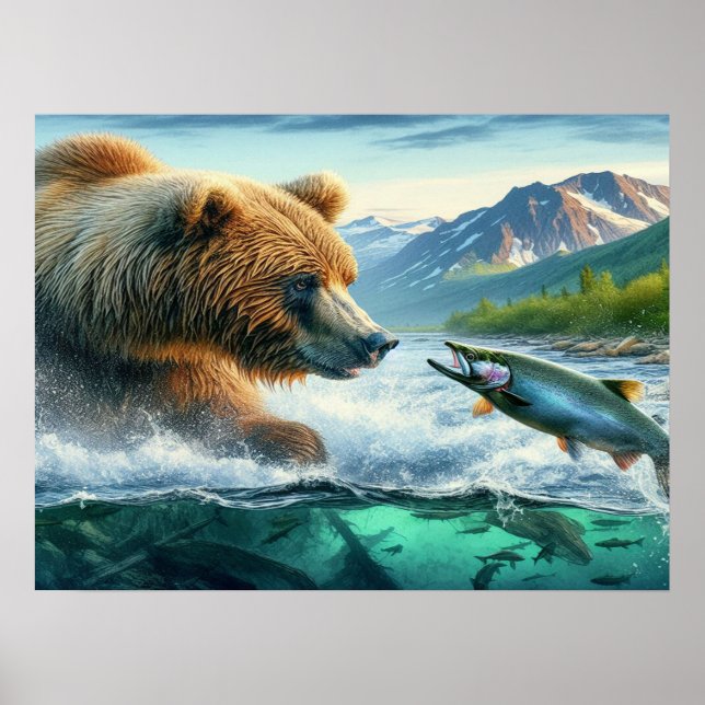 Grizzly Bears with steelhead trout salmon 24x18 Poster (Front)