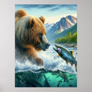 Grizzly Bears with steelhead trout salmon  24x36 Poster