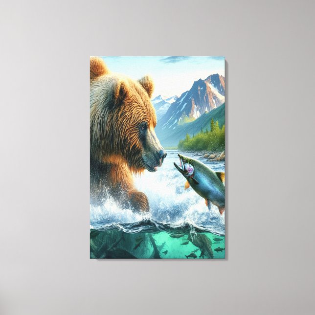 Grizzly Bears with steelhead trout salmon  Canvas Print (Front)