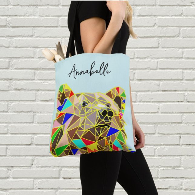 Grizzly Colourful Modern - Custom Name - Teal Blue Tote Bag (Creator Uploaded)