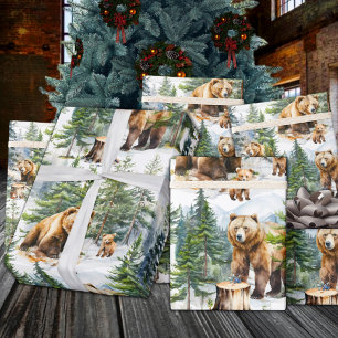 Grizzly Family Roaming The Winter Woodland Forest Wrapping Paper