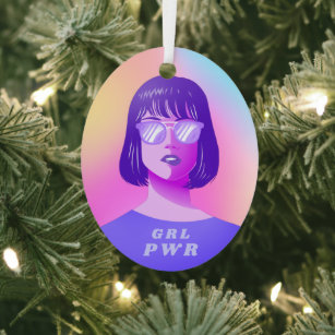 GRL Power Typography & Girl Feminist Purple Hair   Metal Tree Decoration