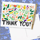 Groceries Fruits Veggies Colourful Thank You Postcard<br><div class="desc">Check out this sweet and colourful art,  hand made by me for you! Thank your grocery store workers,  the person who delivers your food or someone who cooks for you! Feel free to add your own text or change the colours. Visit my shop for more!</div>
