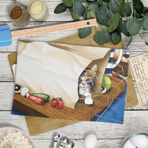 Groceries Paper Bag Cat Ktichen Blue Tea Towel