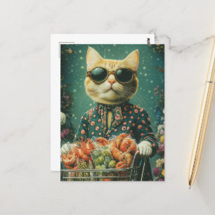 Grocery Shopping Ginger Cat in Sunglasses Postcard
