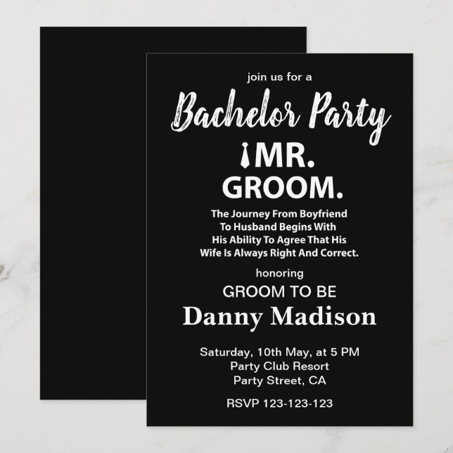 Groom Bachelor Party Invitation (Front/Back)