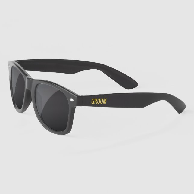 Groom Black And Gold Fun Personalised Wedding Sunglasses (Left)