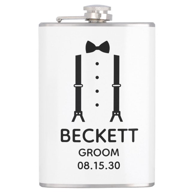 Groom Black Bow Tie Hip Flask (Front)