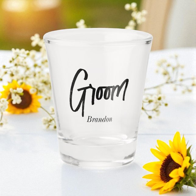 Groom Black White Script Wedding   Shot Glass (Creator Uploaded)