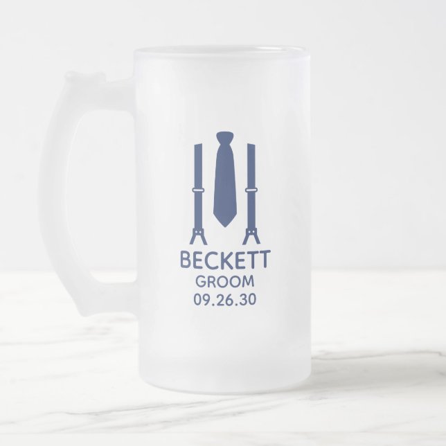 Groom Blue Tie Frosted Glass Beer Mug (Left)