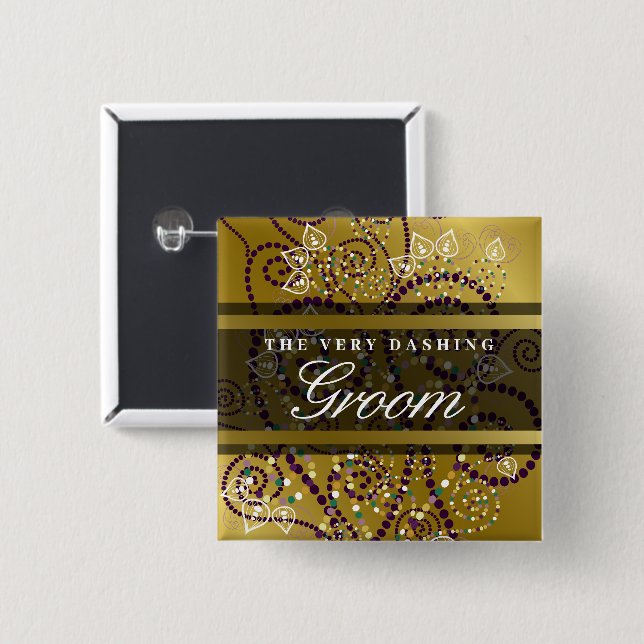 GROOM Boho Purple Spirals Gold Chic Wedding Button (Front & Back)