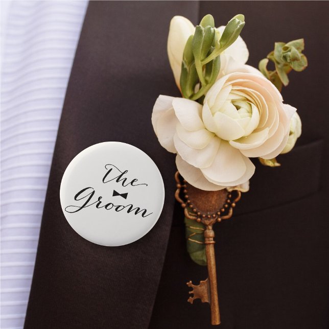 Groom Classic Script Bow Tie Wedding Bridal Party 6 Cm Round Badge ('The Groom' Bow Tie Classic Script Calligraphy Wedding Rehearsal Pin Button @ fatfatin_blue_knot)