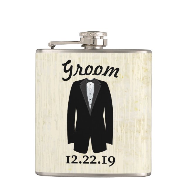 Groom Flask Tuxedo black Tie (Front)