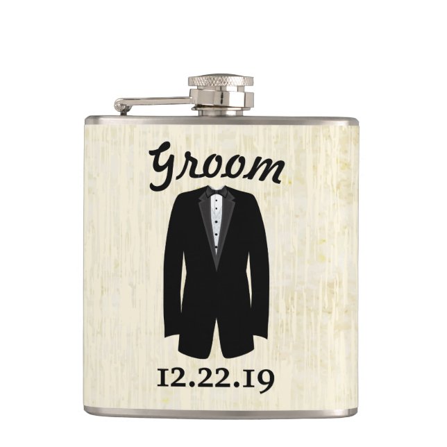 Groom Flask Tuxedo black Tie (Front)