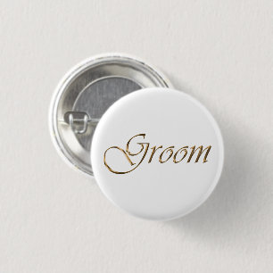 Groom, gold script elegant calligraphy pin button
