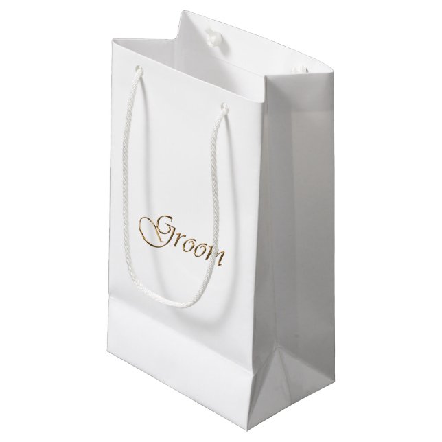 Groom, gold script elegant calligraphy small gift bag (Front Angled)