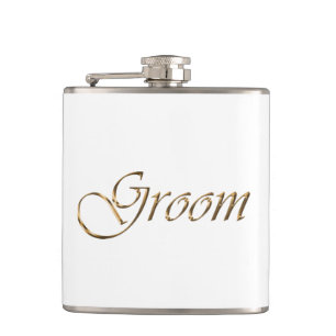 Groom, gold script elegant chic white hip flask