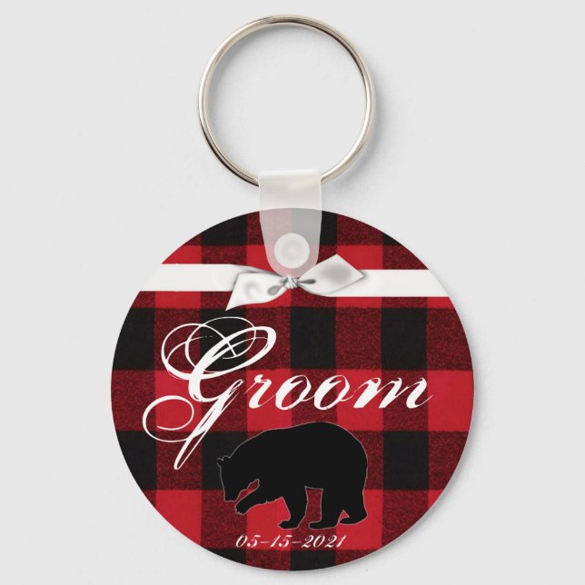 Groom Key Chain Red Buffalo Plaid Bear Black (Front)