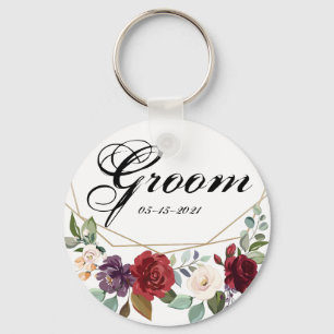 Groom Key Chain White Roses Gold Geometric