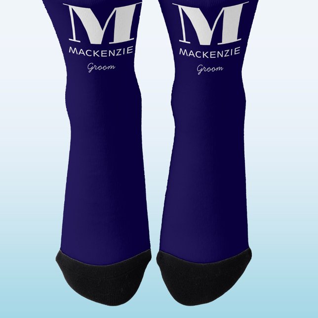Groom Monogram Initial Name Navy Blue Wedding Socks (Modern husband groom monogram initial name personalized wedding socks)