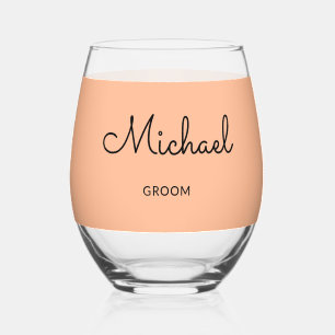 Groom Monogrammed Stylish Custom Wedding Peach Stemless Wine Glass