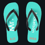 Groom Mr. Turquoise Blue Jandals<br><div class="desc">Bright turquoise blue with Mr. and Last Name written in white text and date of wedding in coral to personalise with black accents.  Beach destination or honeymoon flip flops for the new groom.  Original designs by TamiraZDesigns.</div>