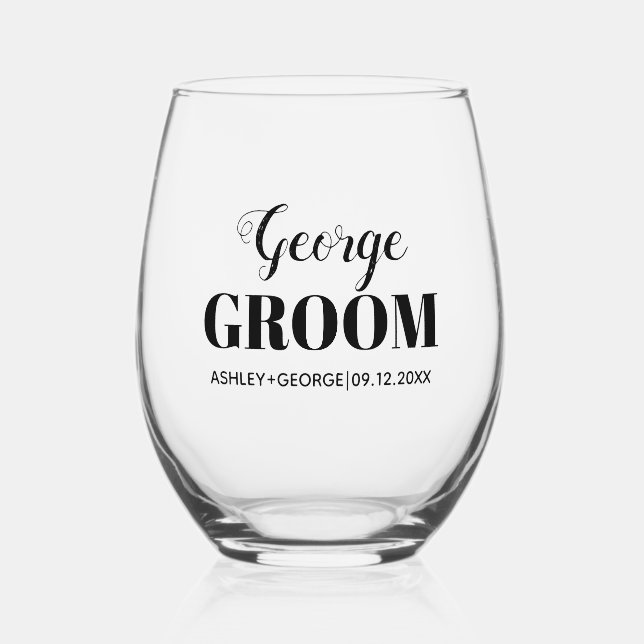 Groom name black typography wedding stemless wine glass (Front)