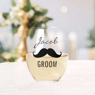 Groom Name Moustache Wedding Date Stemless Wine Glass
