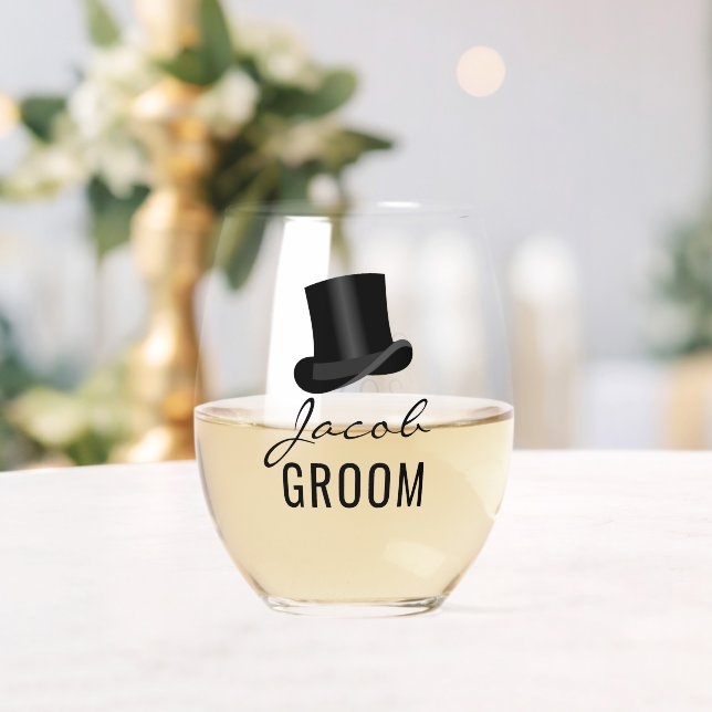 Groom Name Top Hat Wedding Date Stemless Wine Glass (Insitu (Wedding))