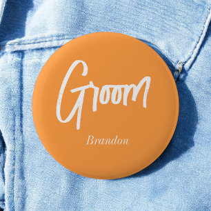 Groom Orange White Script Wedding  6 Cm Round Badge