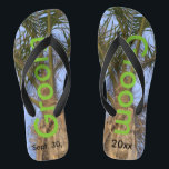 Groom Palm Trees Blue Sky Jandals<br><div class="desc">Cool Palm Trees with a Pretty Blue Sky in the background Unisex Flip Flops with Groom written in a nice green colour text, and Date of Marriage in black text. PERSONALIZE with your Wedding DATE (or delete text). Feel the ocean breeze and tropics beneath your feet. Shown with Wide Black...</div>
