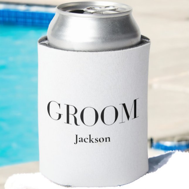 Groom Personalised White Black Modern Simple Can Cooler (Creator Uploaded)