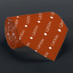 Groom - Repeating White Text on Rust Orange Tie<br><div class="desc">This fun neck tie is the perfect accessory for the groom at your wedding. It features a simple yet elegant design with the word "Groom" written in a decorative all capital white font, and repeating in a diagonal pattern with diamond separators on a rust orange or burnt umber coloured background....</div>