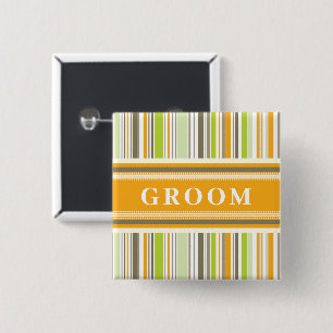 GROOM Retro Orange Green Stripes Wedding Name Tag 15 Cm Square Badge