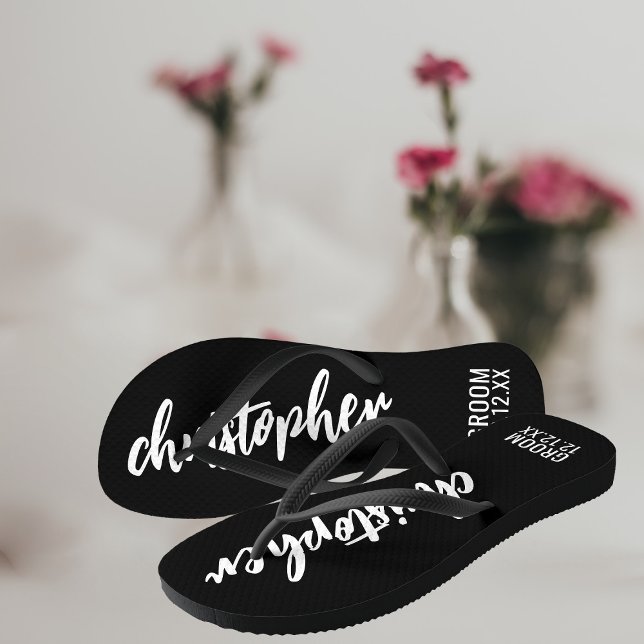 Groom Script Name Wedding Date Black Flip Flops (A fun gift for your Groom. Personalized flip flops! Just ass his name and your wedding date)