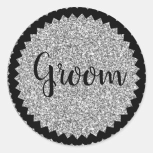 Groom Silver Glitter Classic Round Sticker