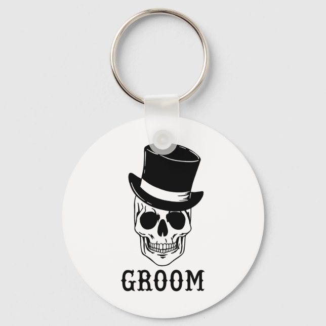 Groom Skull With Hat Bride Halloween Wedding Bache Key Ring (Front)
