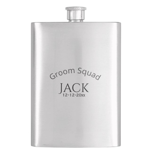 Groom squad name date year bold letter bachelorett hip flask (Front)